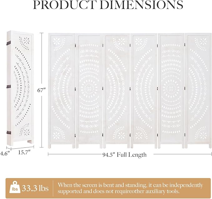 66.9Inch Folding Room Divider, 6 Panels Wood Carved Privacy Screens, Free - Image 4