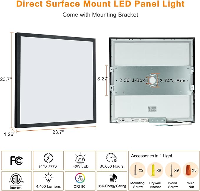 Mcacggo Black 2x2 Surface Mount LED Panel Lights, 40W-30W-20W & 5000K-4000K-3000K Selectable, 0-10V Dimmable, Square, for Kitchen, Shop, 100-277V, ETL, 2 Pack