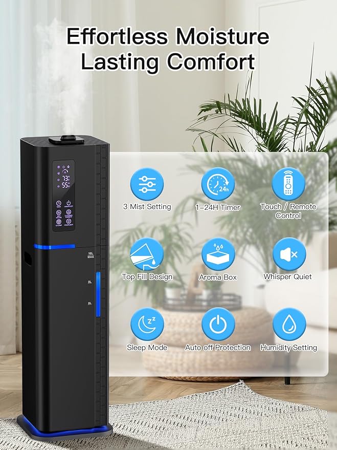 Zeova 10L/2.64Gal Humidifier, Top Fill Quiet Ultrasonic Cool Mist Humidifiers for Bedroom, Covers 550ft², 60H Runtime, 24H Timer, 3 Mist Modes Humidifier Large Room, Home, Office, Plants, Black