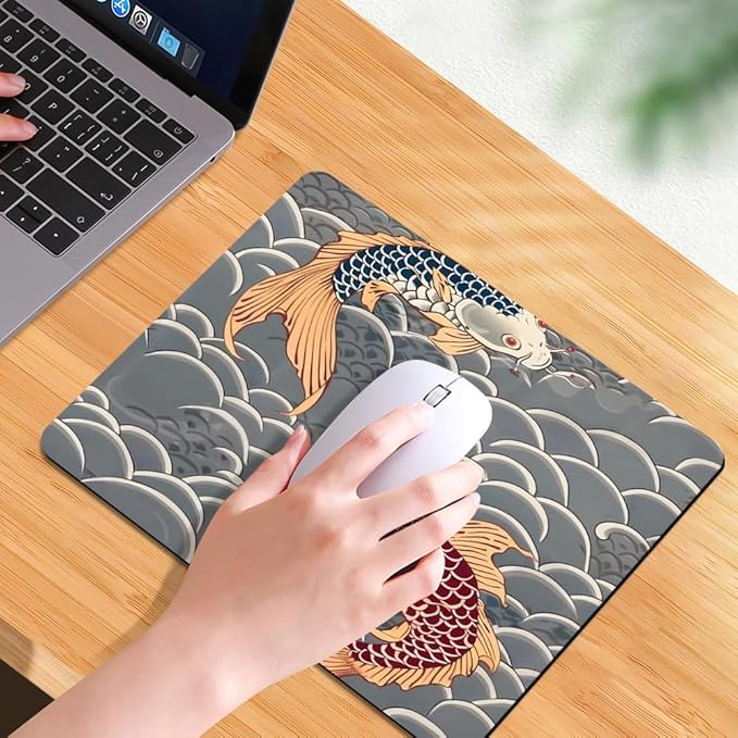 Koi Fish Japanese Tattoo Square Mouse pad, Texture, Waterproof, Anti Slip Rubber Base, Computer Mouse pad, Laptop Mouse pad