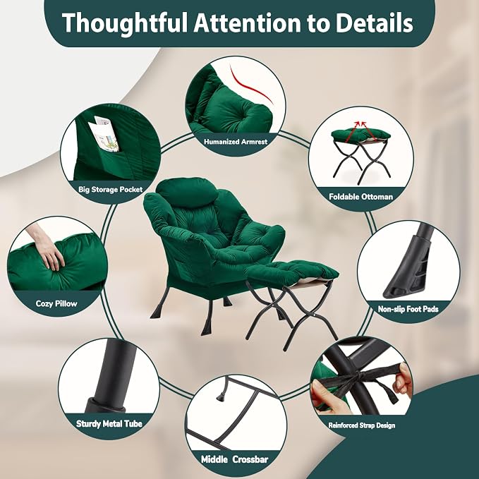 Youtanic Lazy Chair with Folding Ottoman, Accent Chair Velvet Upholstered with - Image 6