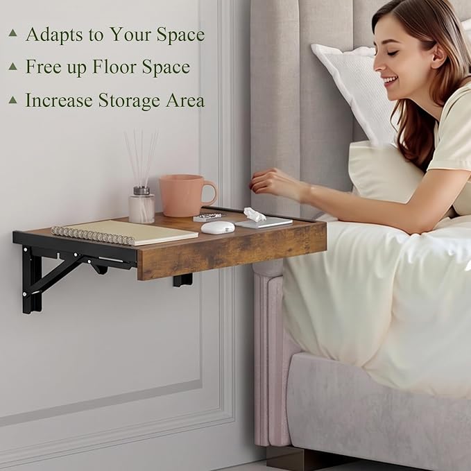TEAMIX Wall Mounted Bedside Shelf, Wood Floating Nightstand, Folding Bedside - Image 4