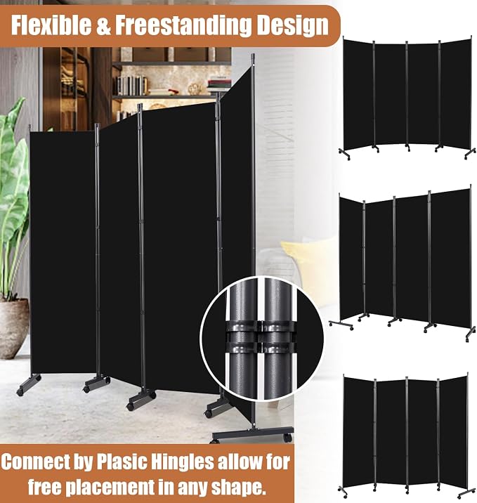 Room Divider 88'' Wide Folding Privacy Screens, 4 Panel Wall Divider w/Wheel | - Image 5