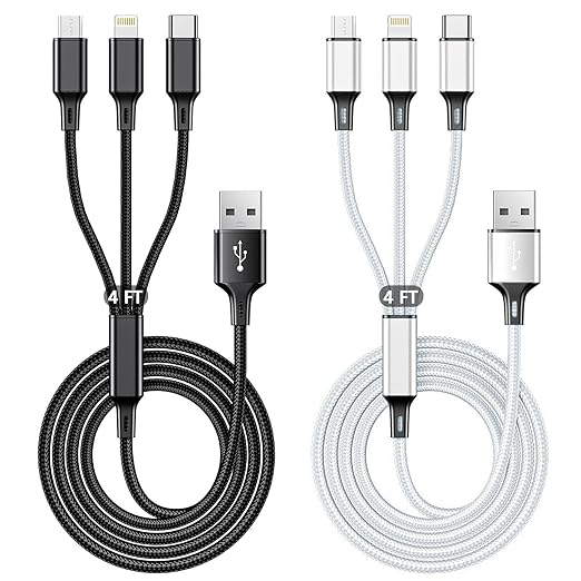 Multi USB Charging Cable 3A, 3 in 1 Fast Charger Cord Connector with Dual Phone/Type C/Micro USB Port Adapter, Compatible with Tablets Phone 12 11 Pro 8 7 6 Samsung Galaxy (4FT/2Pack Charging Only)