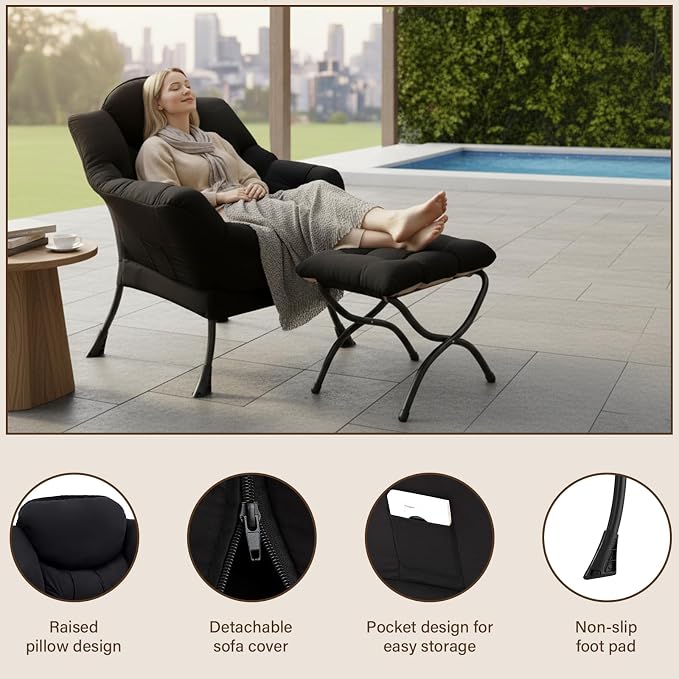 Welnow Lazy Chair with Ottoman, Reading Chair with Footrest, Foldable Footrest - Image 5