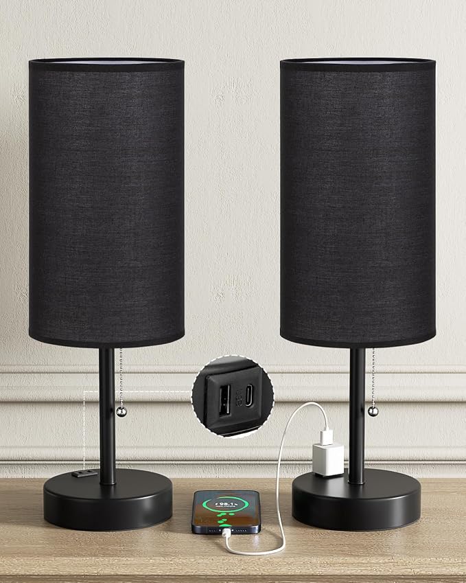 17.4" Black Bedside Table Lamps Set of 2 - Image 8