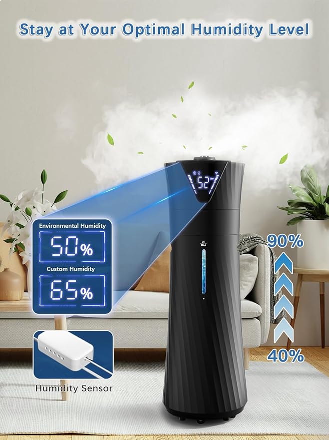 MONISEN 17L/4.5Gal Humidifier Large Room, Smart Quiet Ultrasonic Cool Mist Humidifiers for Bedroom, Covers 2000ft², 56H Runtime, 24H Timer, 3 Mist Modes Humidifiers for Home, Office, Plants, Black