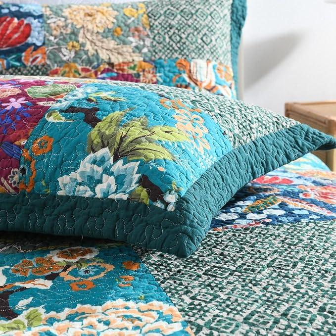 Autumn Dream Cotton Bedspread Luxury Vintage Turquoise Patchwork Bedding Quilt - Image 6