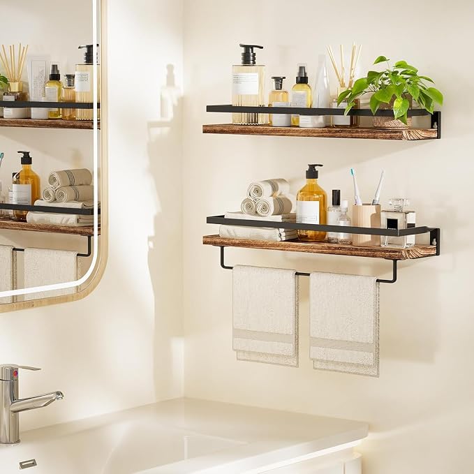 Amada Bathroom Shelves with Towel Bar, Rustic Brown | Floating Shelves with - Image 2