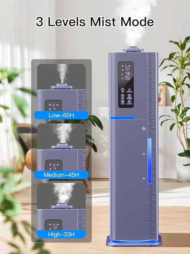 Zeova 10L/2.64Gal Humidifiers for Bedroom, Top Fill Quiet Ultrasonic Cool Mist Humidifier Large Room, Covers 550ft², 60H Runtime, 24H Timer, 3 Mist Modes Humidifiers for Home, Office, Plants, Purple