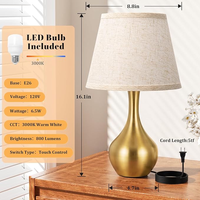 16.1" Touch Table Lamp for Nightstand, 3 Way Dimmable Small Bedroom Lamp | - Image 5