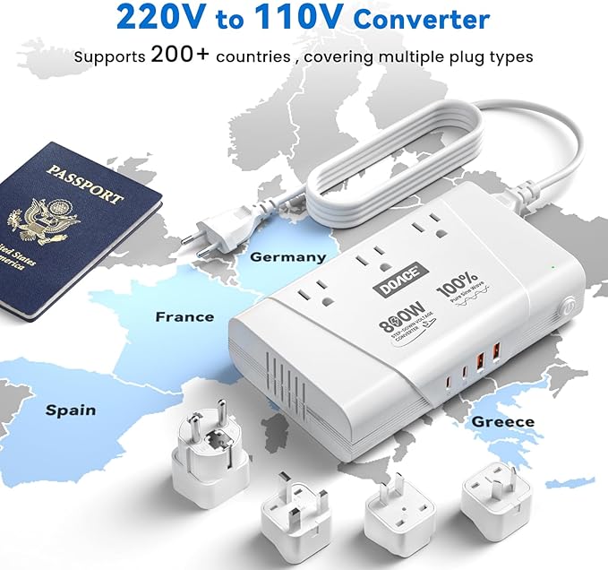 DOACE 800W Travel Adapter Voltage Converter, 220V to 110V Pure Sine Wave Step-Down Transformer for International Travel, 3 AC Outlets & 4 USB, Compatible with Phones, Hair Tools, Cameras & Laptops