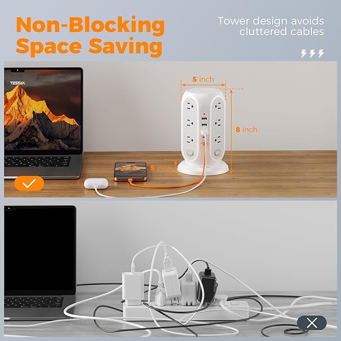 TESSAN Tower Power Strip Surge Protector, Flat Extension Cord 10 Ft, 5 USB Ports - Image 3