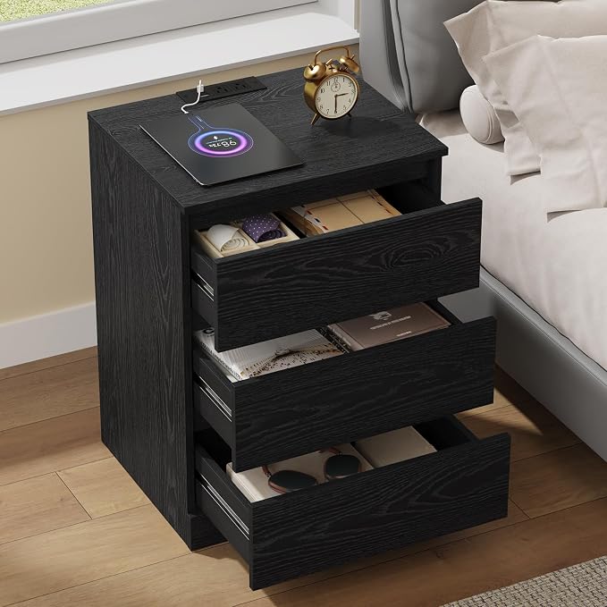 Nightstand with Charging Station, Bedside Tables with 3 Drawers, Side Table - Image 6