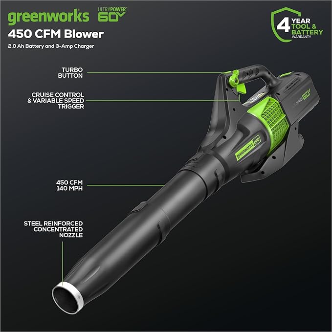 Greenworks 60V 450 CFM Cordless Leaf Blower, 2.0 Ah Battery and Rapid Charger