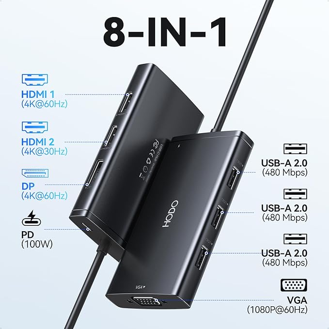 USB C Docking Station Dual Monitor Adapter for Dell HP, Laptop Docking Station 3 Monitors Quadruple Display USB C Hub Dongle to 4K HDMI+DisplayPort+VGA,3 USB2.0,100W PD, 8 in 1 Thunderbolt Dock