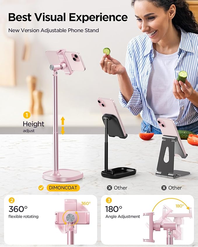 DIMONCOAT Cell Phone Stand for Desk, Stocking Stuffers Gifts for Teens Girls Boys Adults，Phone Holder Angle Height Adjustable, Aluminum Alloy Universal iPhone Stand for iPhone 17 16 15 Pro Max -Pink