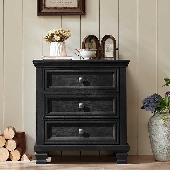 Farmhouse Nightstand with 3 Drawers, Rustic Couch End Table with 4 Square Solid Wood Legs, Mid-Century Modern Bed Side Table with Storage, Small Dresser for Bedroom, Living Room, Black