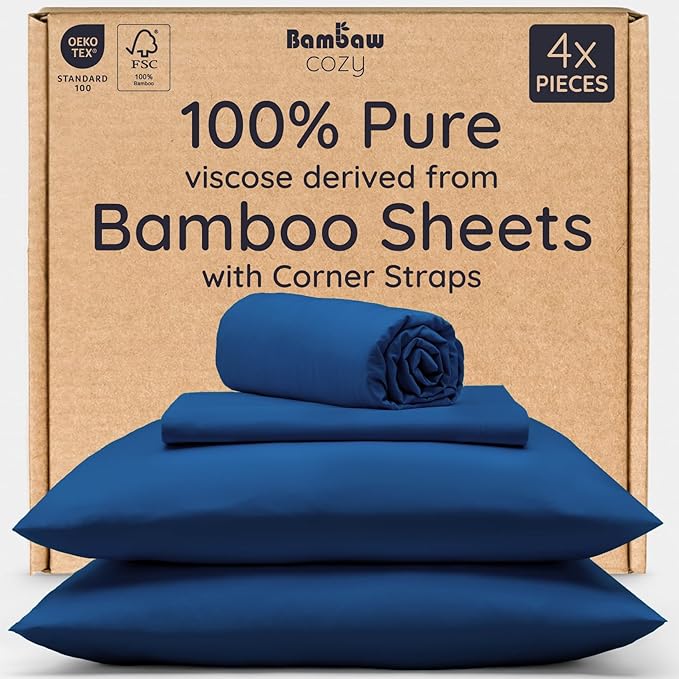 Bambaw 4 PCS - Full 100% Viscose Derived from Bamboo Cooling Sheet Set, Navy Blue