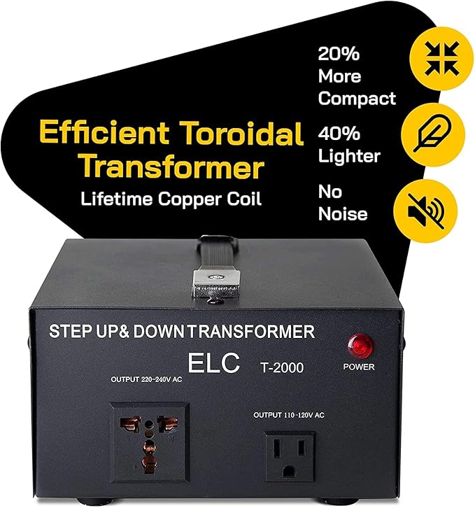 ELC T Series 2000+ Watt Voltage Converter Transformer - Step Up/Down - 110v to 220v / 220v to 110v Power Converter - Circuit Breaker Protection, CE Certified [3-Years Warranty]