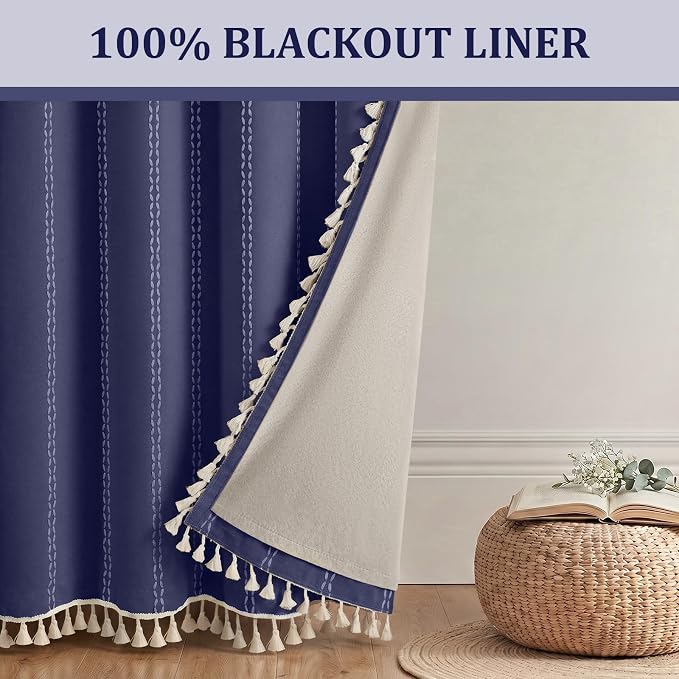 Navy Blue 100% Boho Blackout Curtains 84 Inch 2 Panels | Vintage Farmhouse Rod - Image 6