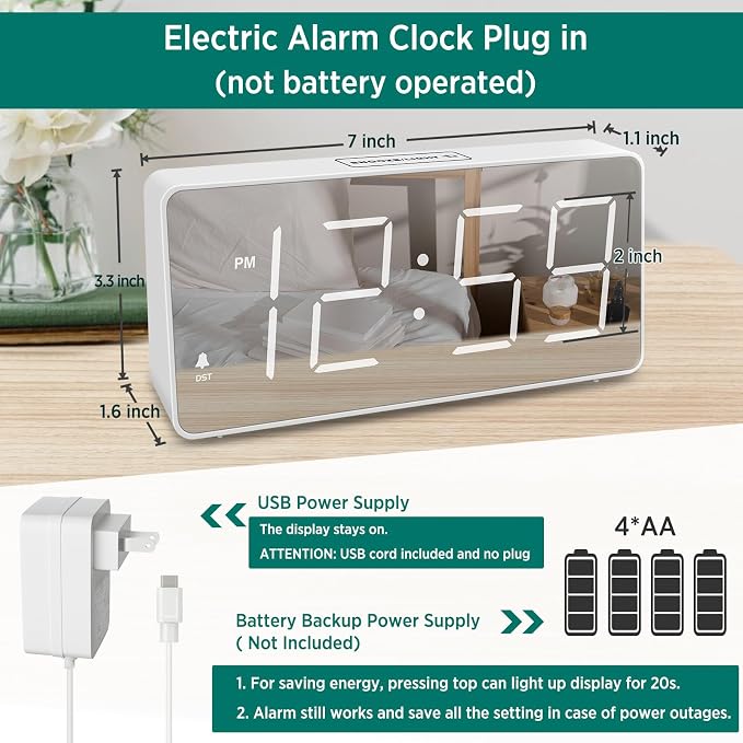 Peakeep Digital Alarm Clock for Bedroom Bedside, Large Display 5 Dimmers | - Image 2