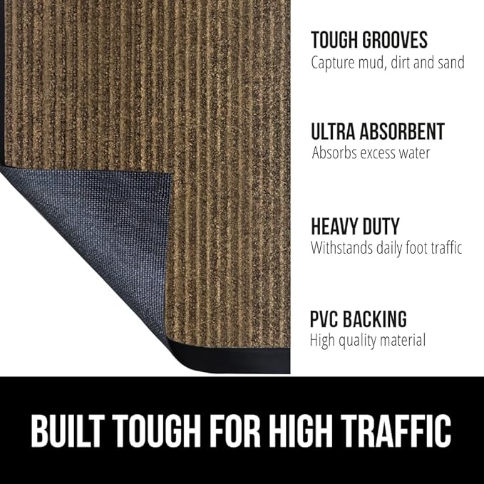 GORILLA GRIP Waterproof Traffic Guard Door Mat, 47x35, Heavy Duty Entryway Mats, Strong Rubber Back Commercial Utility Rugs for Office Hallway, Garage Floor and Home, Low Profile Carpet Runner, Brown