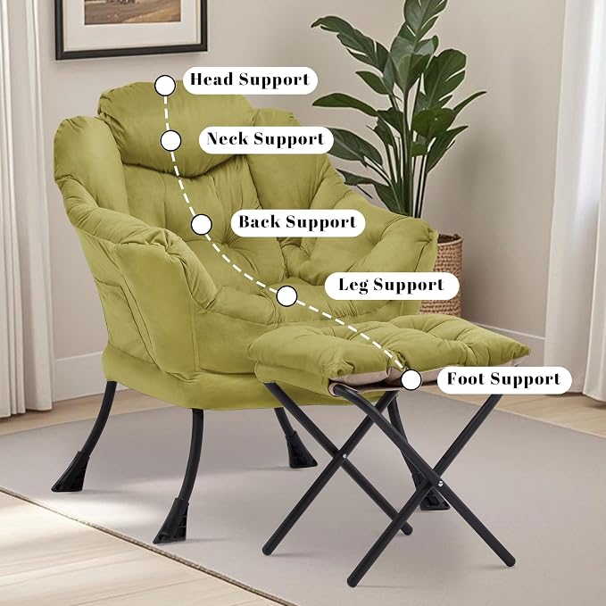 Lazy Chair with Ottoman, Comfy Reading Chair, Olive Green | Cushioned Seat with - Image 8