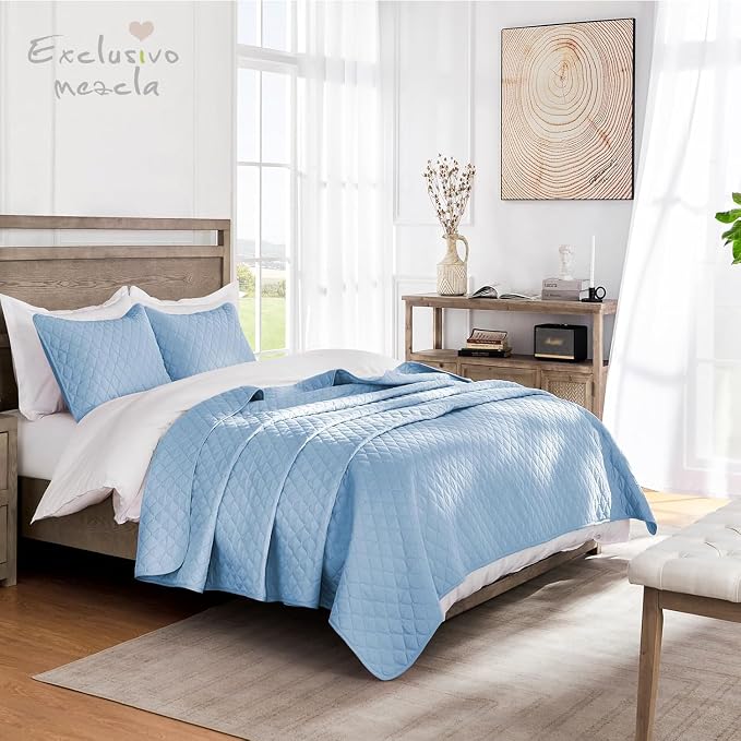 Exclusivo Mezcla Reversible Twin Quilt Bedding Set, Sky Blue | Lightweight - Image 2