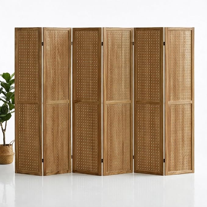 6 Panel Pegboard Room Divider, Folding Privacy Screen, Natural | 5.6 Ft Tall - Image 8