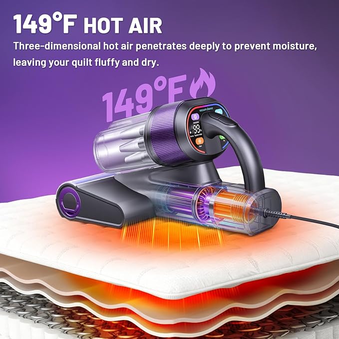 LED Display Mattress Vacuum Cleaner, 18Kpa Bed Vacuum Cleaner with 253.7nm UV-C Light, HEPA Filter & Ultrasoni, 149℉ Heat, Triple-Cup Versatile Handheld Vacuums for Bed Sofa Carpets Pet Hair Fine Dust