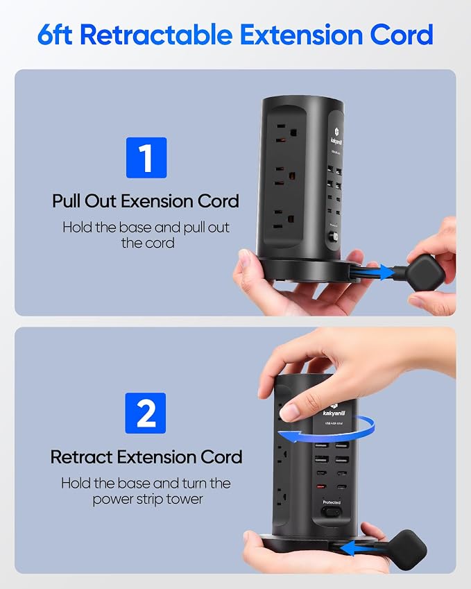 Power Strip Tower, kakyanill Charging Station 9 AC Outlets 8 USB Ports | 6 Ft - Image 2
