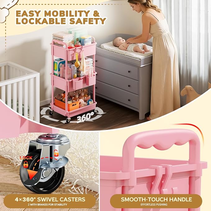Goovilla Diaper Cart with Lockable Wheels and Easy Assembly, 3 Tier Pink | - Image 5