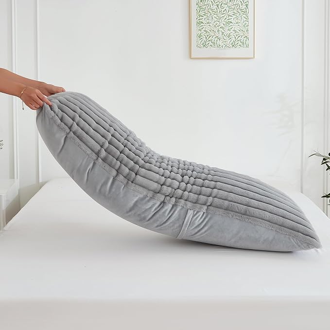 Full Body Pillow with Fluffy Stripe Faux Fur Removable Cover, Long Bed Pillow - Image 5