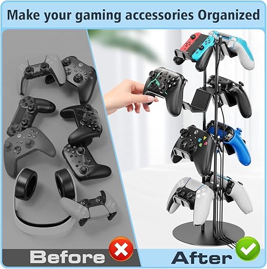 Kytok Controller Stand 4 Tiers with Cable Organizer for Desk, Universal Headphone Stand Compatible with Xbox PS5 PS4 Console Nintendo Switch, Headset Holder & Desk Mounts for 8 Packs Controller