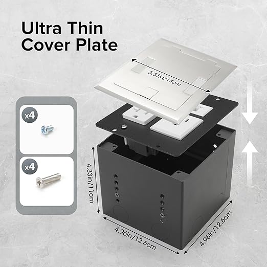 Vagueior Recessed Flat Hidden Floor Electrical Outlet Box Kit,Stainless Steel Cover with 2 * 20A+ 1 * 15A Receptacle Outlet,+2 * 5V/4.8A USB Port+1*RJ45 Port,UL Certified,Silver