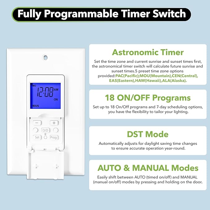 BN-LINK 7 Day Programmable Astronomical Timer Switch for Lights, Sunrise Sunset Programmable Light Switch Timer Indoor in Wall, Neutral Wire Required, Single Pole Only, ETL Listed