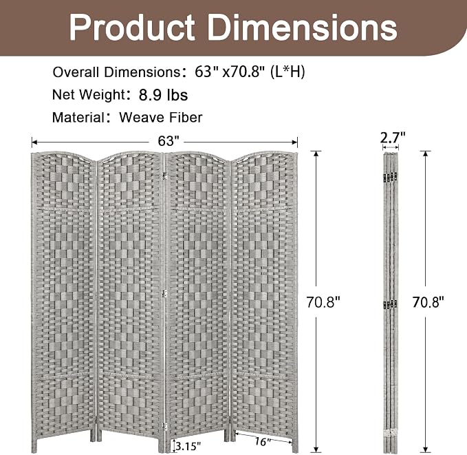 RHF Room Divider Panel, Partition Room Dividers, 4Panel Privacy Screen - Image 3