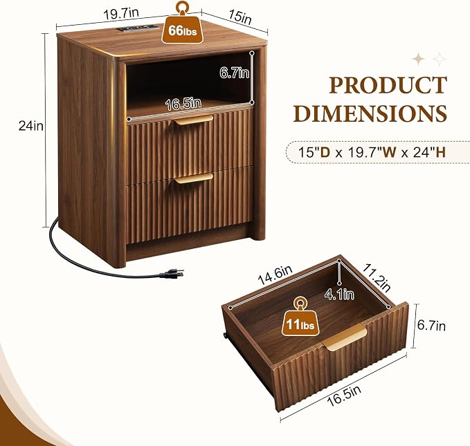 LYNCOHOME 19.7" Fluted Nightstand - Image 2