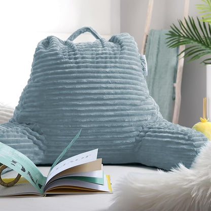 Nestl Reading Pillow with Shredded Memory Foam, Luxe Cut Plush Back Pillow for Sitting Up in Bed, Back and Arms Adjustable Support for Adult & Teens, Backrest Pillows with Washable Cover Stone Blue