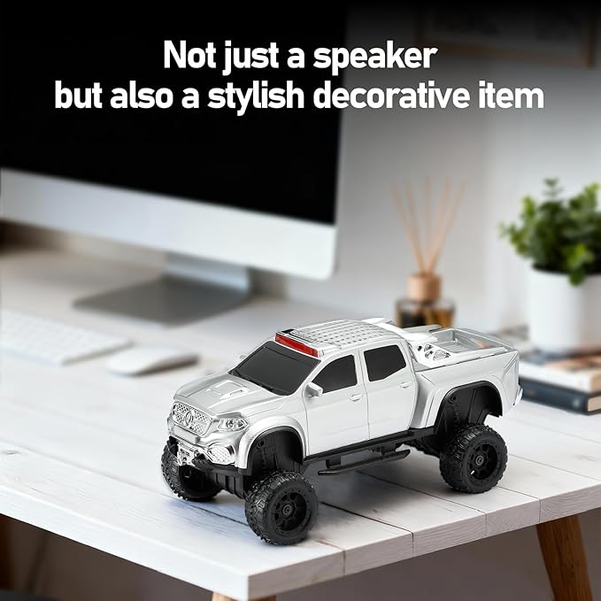 WSTER WS-X65 Pickup Truck Replica Bluetooth Speaker – HD Sound, FM Radio, TWS Stereo, LED Party Lights, USB/TF Playback, Built-in Mic – Cool Portable Car Design Speaker for Outdoors & Home (Silver)