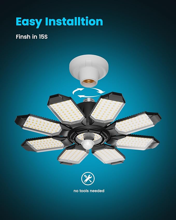 Kryoza Motion Sensor Garage Light, 25000LM Motion Sensor Shop Light with 8+1 LED Panels, 6500K Daylight, Indoor Motion Activated Light Bulb for Garage, Workshop, Barn, Attic