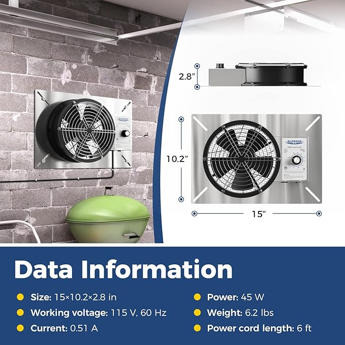 ALORAIR 540 CFM Stainless Steel Crawl Space Vent Fan - Air Out Ventilation Fan with Humidistat Dehumidistat, IP55 Rated Exhaust Fan with Isolation Mesh for Crawlspace Foundation Basements Garage Attic