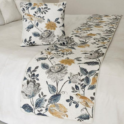 The HomeCentric King/Queen/Twin Blue & Ivory Designer King 90"x18" Bed Runner with 2 Pillow Cover, Bird, Pearl & Quilted Bed Scarf on Linen Fabric - Vintage Birdena