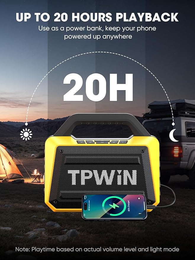 TPWIN Portable Bluetooth Speakers - Wireless Jobsite Speaker 80W Peak, TWS, Light Shows, Loud Speaker with Deep Bass, BT 5.3, IPX6 Waterproof, 20H Playtime for Outdoor Beach Camping Garage - Yellow