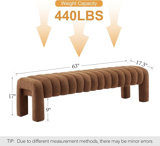 63" Upholstered Boucle Bench, Rust Brown | Padded King Size Long Ottoman - Image 2