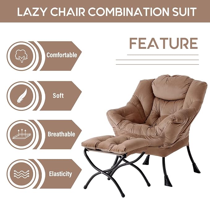 Lazy Chair with Ottoman, Comfy Accent Reading Chair, Dark Brown | Foldable - Image 4