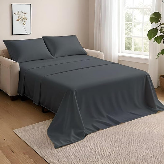 NON Sticky cotton Queen Size Sleeper Sofa Sheets, 4 Piece Egyptian Cotton Bed Sheet Set for Sofa Bed, 6" Deep Pocket Fitted Sheet for Pull Out Couch Mattress, 60" x 75", Dark Grey Solid
