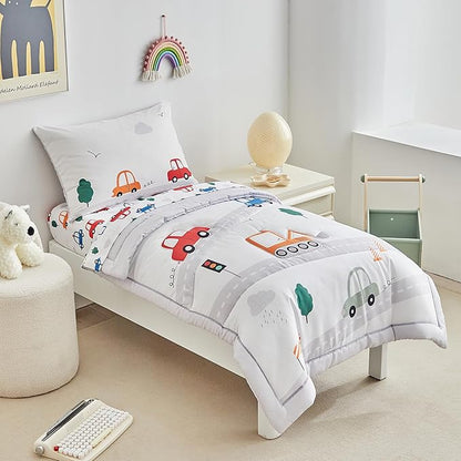 DuShow 4 Pieces Cars Toddler Bedding Set for Boys,Soft Toddler Bed Set in a Bag,Toddler Bed Comforter Set Includes Quilted Comforter, Flat Sheet, Fitted Sheet and Pillowcase