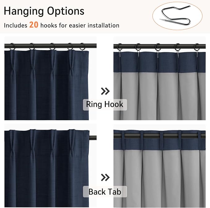 Pinch Pleated Full Blackout Faux Linen Curtains 90 Inches Long | Midnight Blue - Image 3
